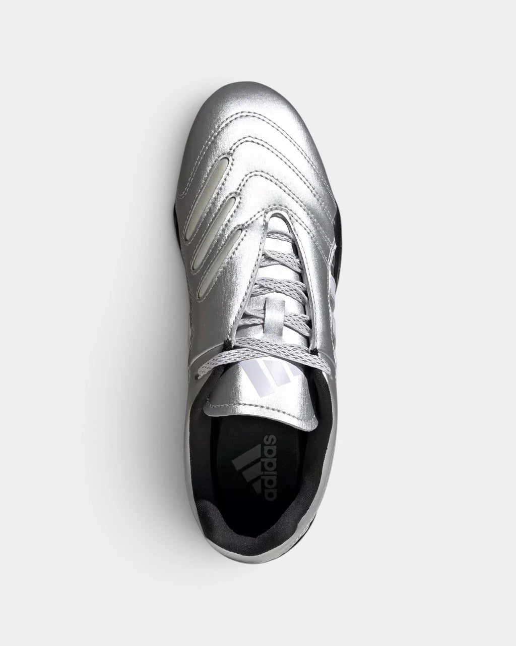 Lockwood Avenue adidas Taekwondo Mei Elite shoe in silver metallic seen from above, laces down the tongue and the adidas logo on the insole