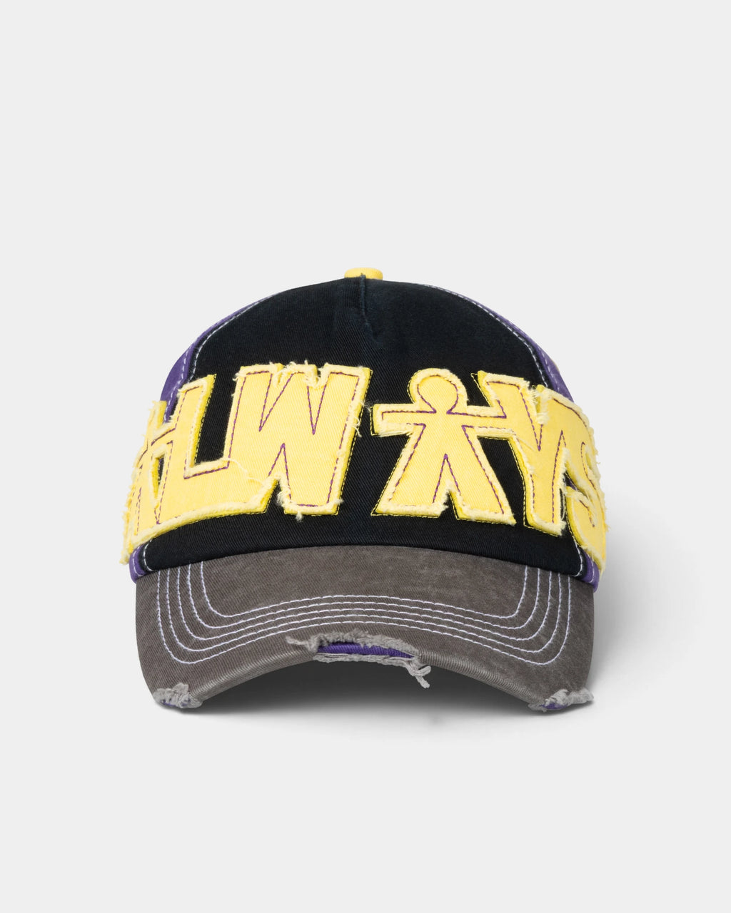 Lockwood Avenue ADWYSD Human Logo 5-Panel Cap in Purple/Black/Yellow, front view with a frayed yellow ALWAYS appliqué across the crown and a distressed grey peak