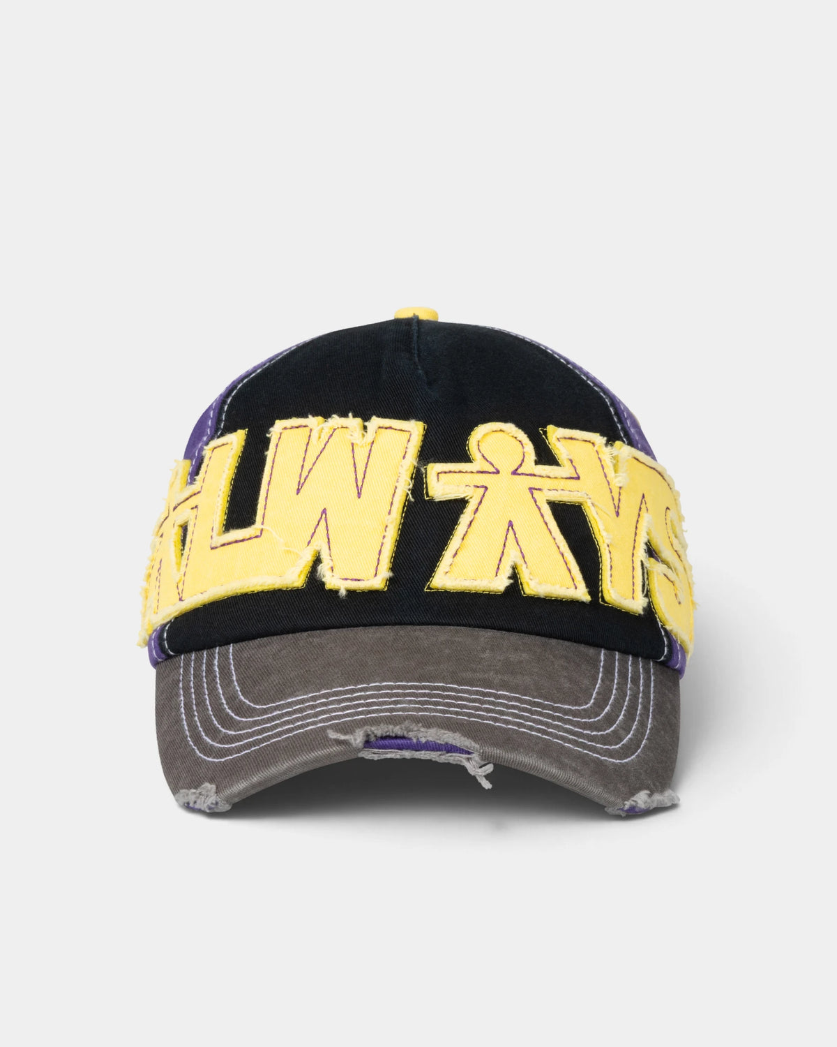 Lockwood Avenue ADWYSD Human Logo 5-Panel Cap in Purple/Black/Yellow, front view with a frayed yellow ALWAYS appliqué across the crown and a distressed grey peak