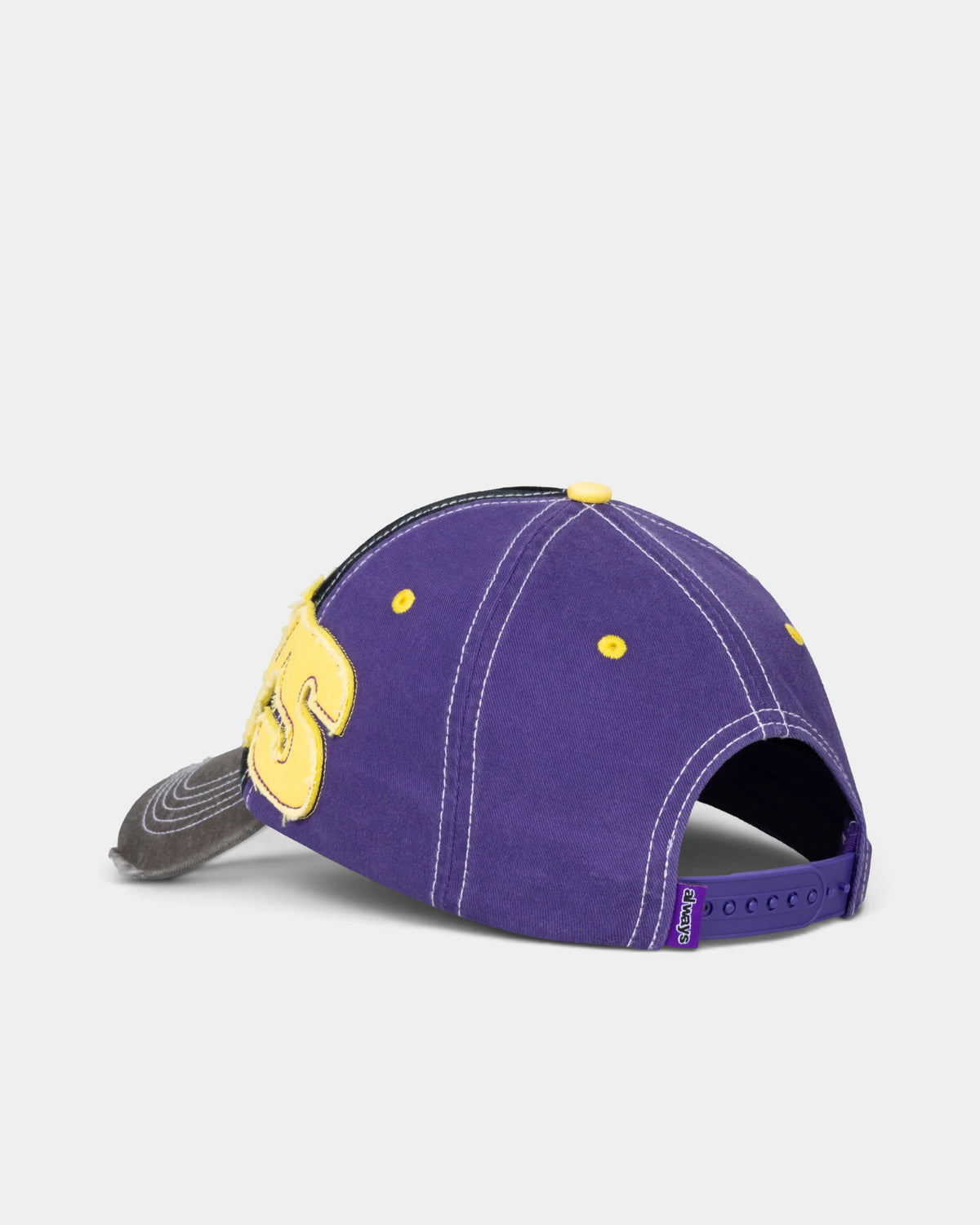 Lockwood Avenue ADWYSD Human Logo 5-Panel Cap in Purple/Black/Yellow seen from the back, purple crown with a snapback strap