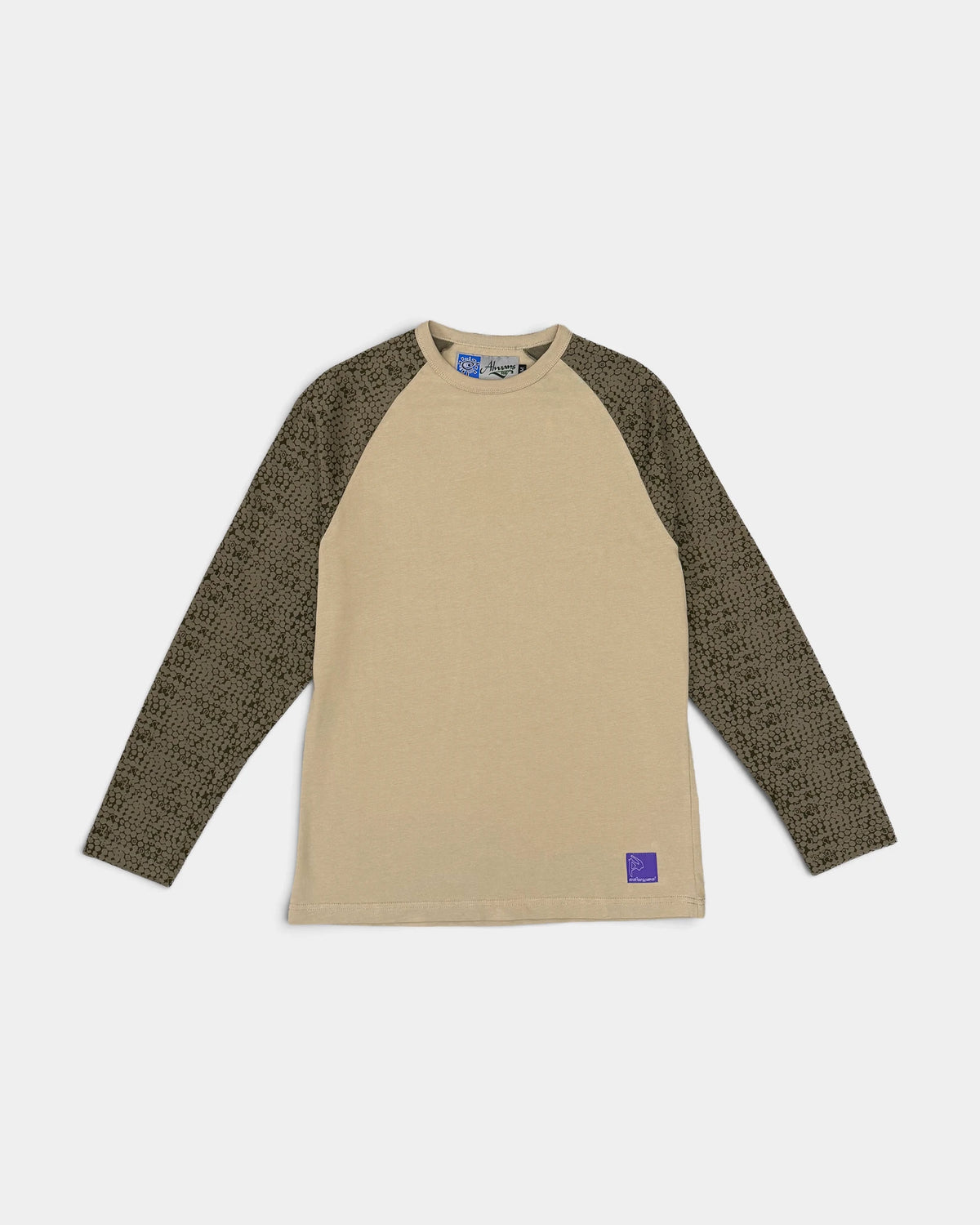 Lockwood Avenue ADWYSD Bubble Print Raglan Long-Sleeve T-Shirt in Two Tone Brown, front view of the sand body with olive bubble print raglan sleeves