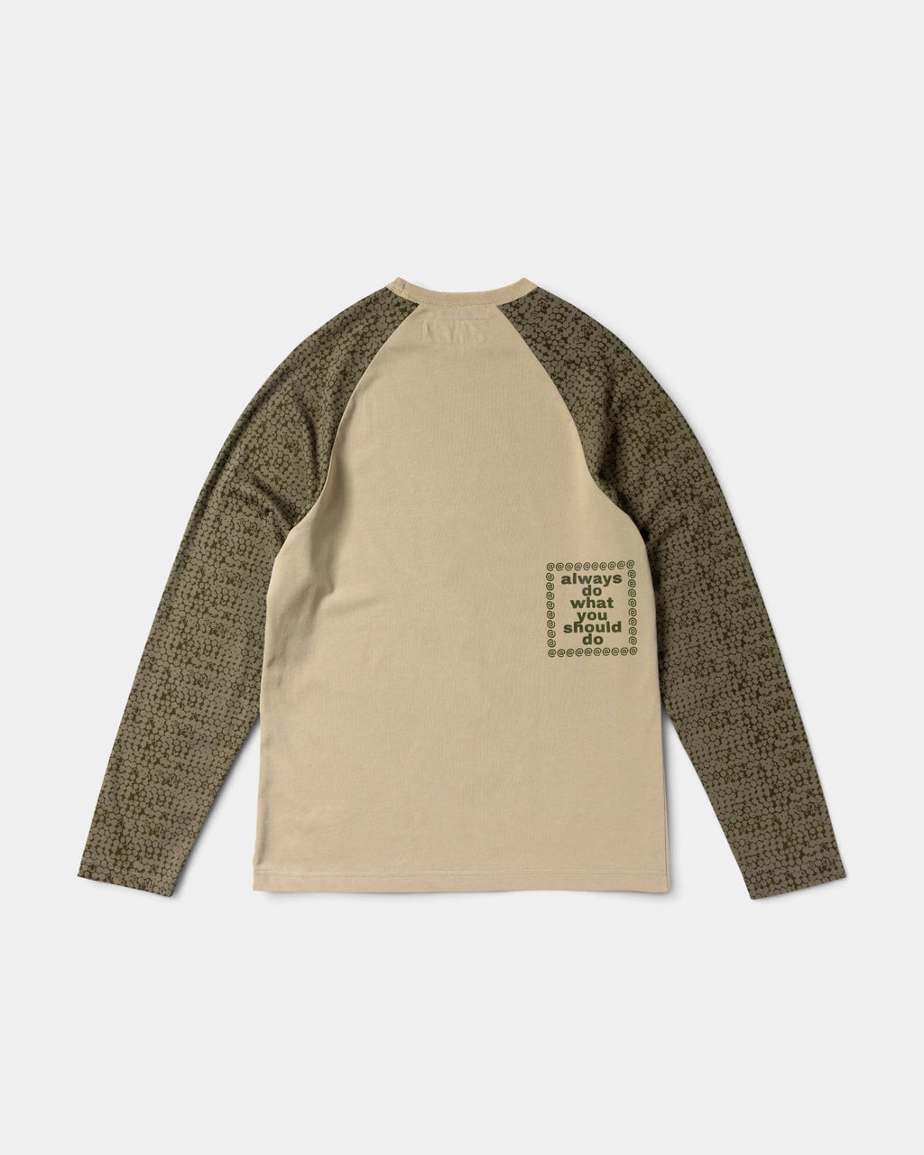 Lockwood Avenue ADWYSD Bubble Print Raglan Long-Sleeve T-Shirt in Two Tone Brown seen from the back, an always do what you should do box print at the lower hem
