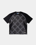 Lockwood Avenue ADWYSD Cross Plaid Shirt in Black/Grey, front view of the short sleeve mesh top with a grey diamond dot print and white piping on the shoulders