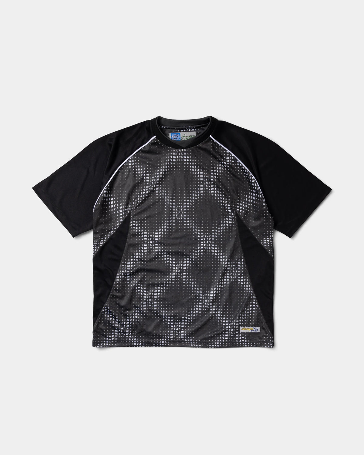 Lockwood Avenue ADWYSD Cross Plaid Shirt in Black/Grey, front view of the short sleeve mesh top with a grey diamond dot print and white piping on the shoulders