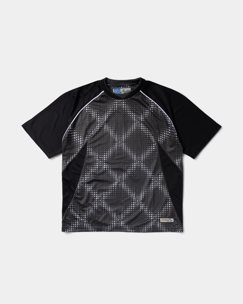 Lockwood Avenue ADWYSD Cross Plaid Shirt in Black/Grey, front view of the short sleeve mesh top with a grey diamond dot print and white piping on the shoulders