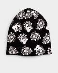 Lockwood Avenue ADWYSD Grunge @Sun All Over Print Beanie in Black, front view of the black beanie covered in a rough white @ sun print