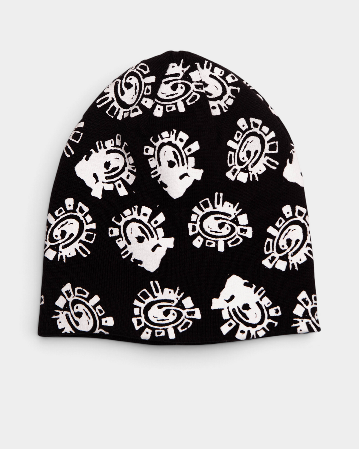 Lockwood Avenue ADWYSD Grunge @Sun All Over Print Beanie in Black, front view of the black beanie covered in a rough white @ sun print