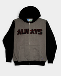 Lockwood Avenue ADWYSD Human Applique Zip-Up Hoodie in Black, front view with a grey body, black hood and sleeves, and ALWAYS lettering appliquéd across the chest