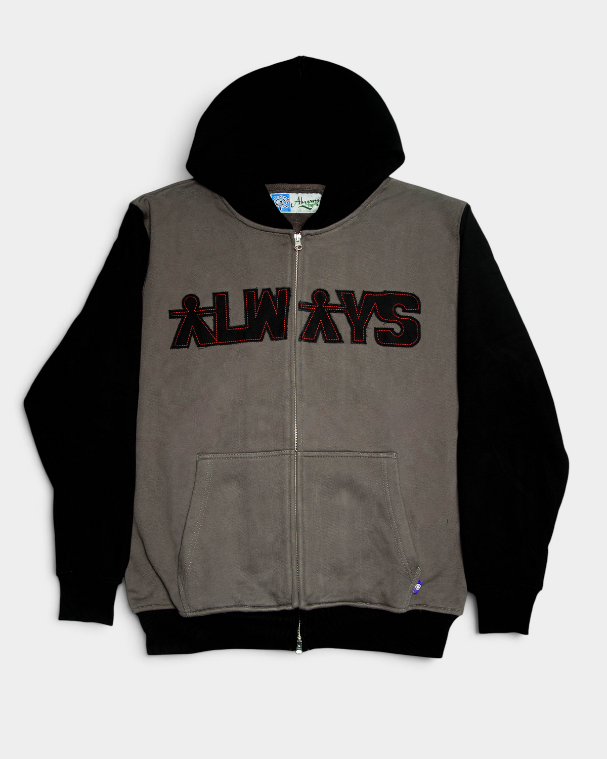 Lockwood Avenue ADWYSD Human Applique Zip-Up Hoodie in Black, front view with a grey body, black hood and sleeves, and ALWAYS lettering appliquéd across the chest