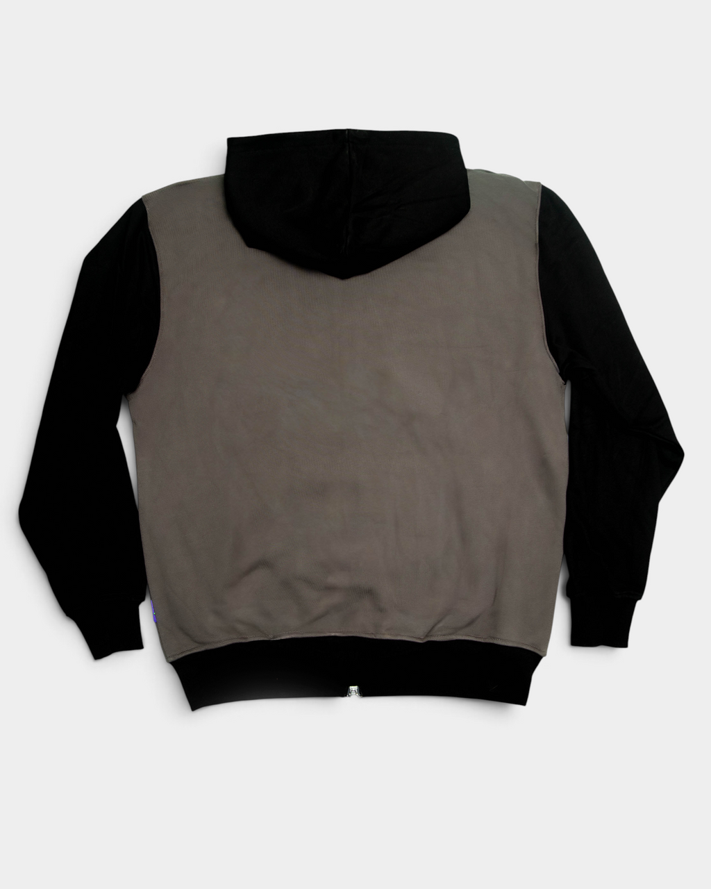 Lockwood Avenue ADWYSD Human Applique Zip-Up Hoodie in Black seen from the back, plain grey back panel with a black hood and sleeves