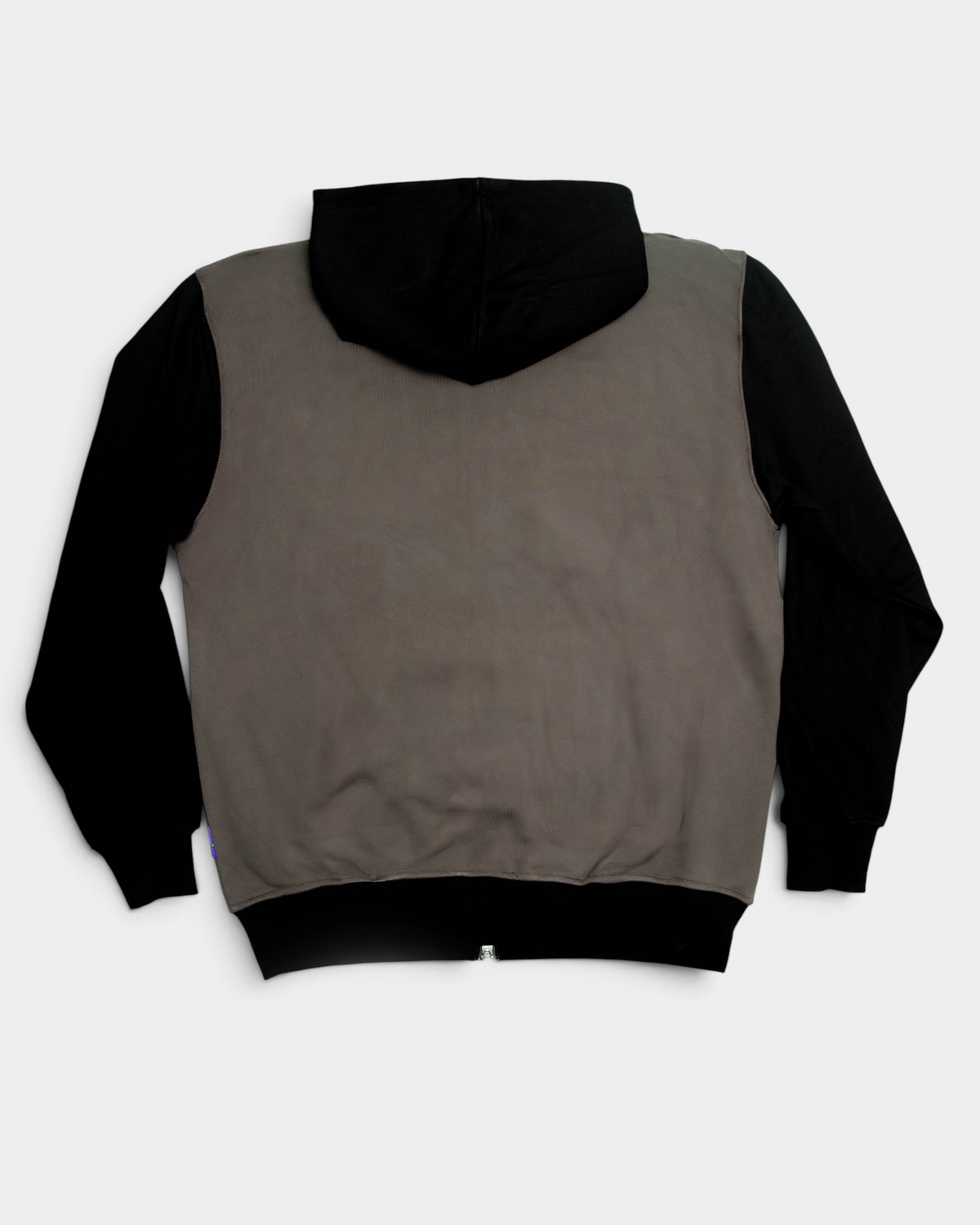 Lockwood Avenue ADWYSD Human Applique Zip-Up Hoodie in Black seen from the back, plain grey back panel with a black hood and sleeves