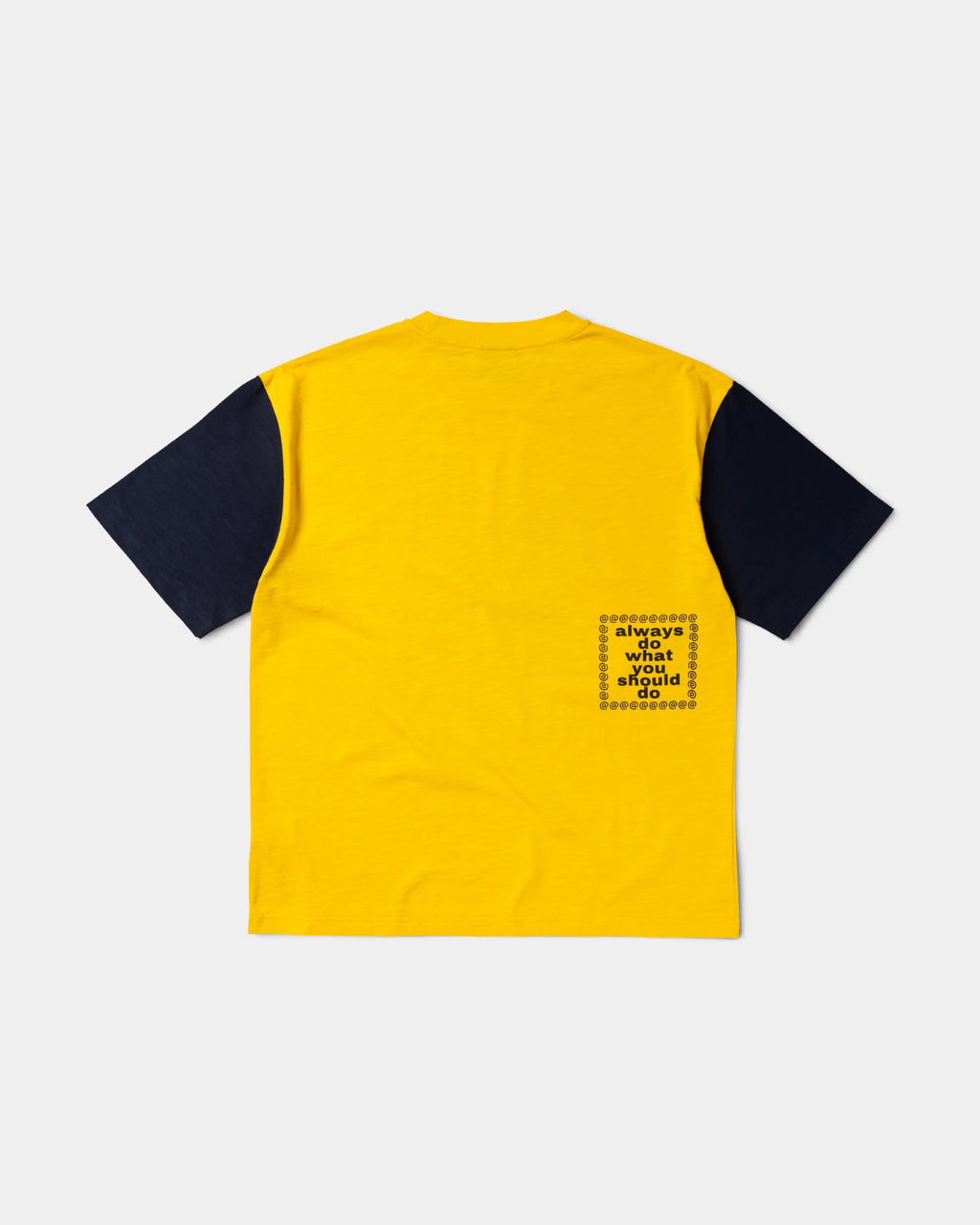 Lockwood Avenue ADWYSD Human T-Shirt in Yellow/Navy seen from the back, a small always do what you should do box print at the lower hem