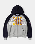 Lockwood Avenue ADWYSD Jersey Raglan Zip-Up Hoodie in Heather Grey, front view with navy hood and raglan sleeves and a varsity always do what you should do print