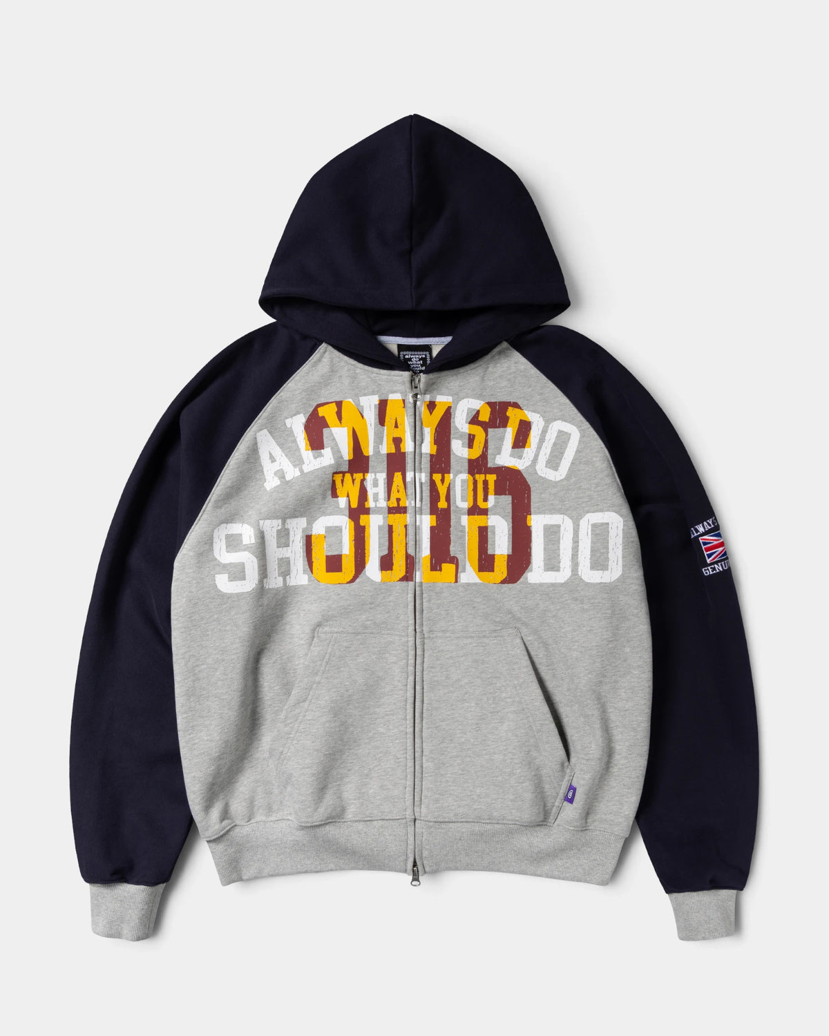 Lockwood Avenue ADWYSD Jersey Raglan Zip-Up Hoodie in Heather Grey, front view with navy hood and raglan sleeves and a varsity always do what you should do print