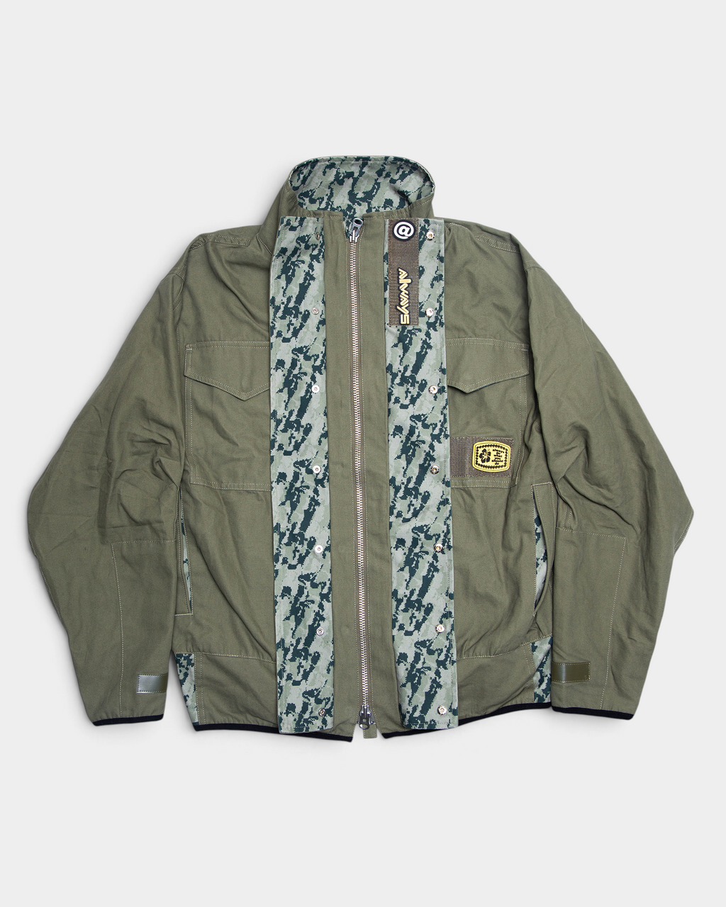 Lockwood Avenue ADWYSD NZ Digi Field Jacket in Green, the placket opened out over the zip with the digital camo strip on both sides