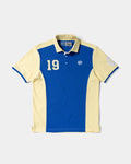 Lockwood Avenue ADWYSD Sport Polo in Yellow/Blue, front view with a royal blue front panel, pale yellow collar and sleeves, a number 19 patch and blue cuff trim