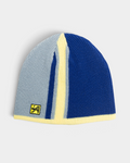Lockwood Avenue ADWYSD Stripe Beanie in Blue/Yellow, front view of the ribbed beanie split into pale blue and royal blue with a yellow stripe and a yellow logo patch