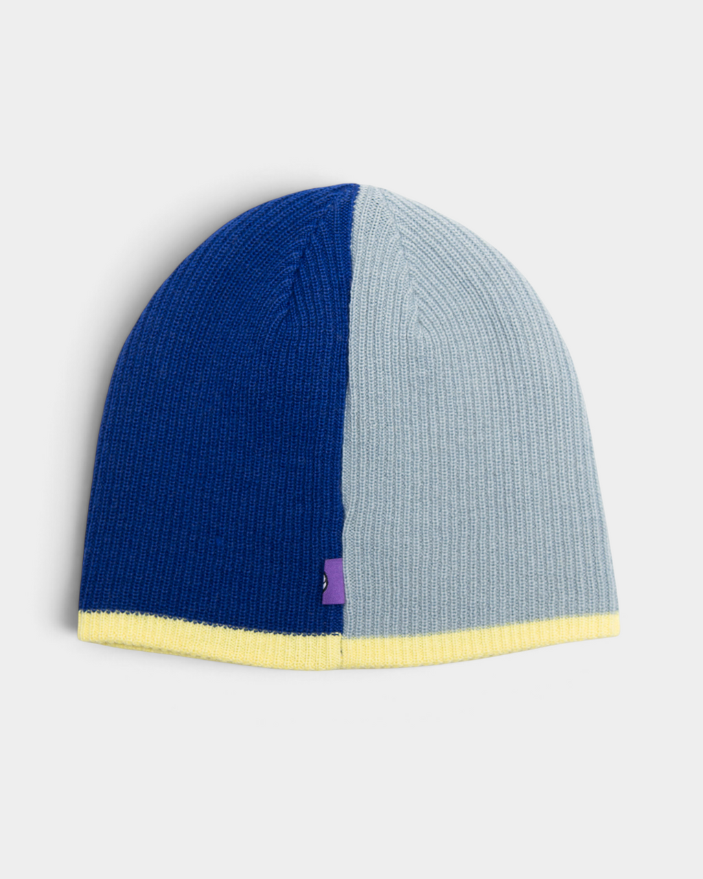 Lockwood Avenue ADWYSD Stripe Beanie in Blue/Yellow seen from the back, royal blue on the left and pale blue on the right with a yellow brim edge