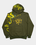 Lockwood Avenue ADWYSD Waza Hoodie in Green, front view of the olive hoodie with yellow scribbled always lettering over the hood and sleeve and a yellow @ sun on the chest
