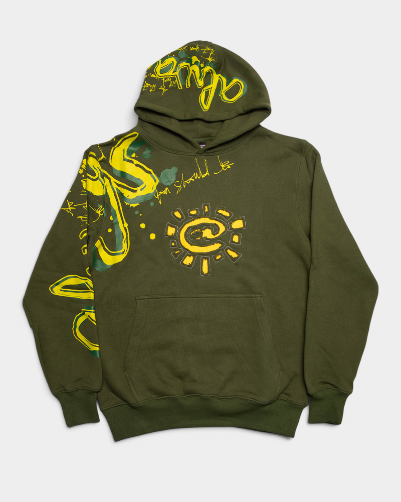 Lockwood Avenue ADWYSD Waza Hoodie in Green, front view of the olive hoodie with yellow scribbled always lettering over the hood and sleeve and a yellow @ sun on the chest