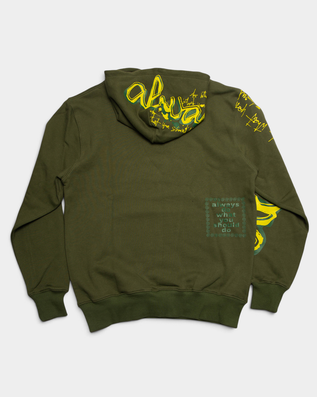 Lockwood Avenue ADWYSD Waza Hoodie in Green seen from the back, yellow lettering on the hood and a boxed always do what you should do print at the lower back