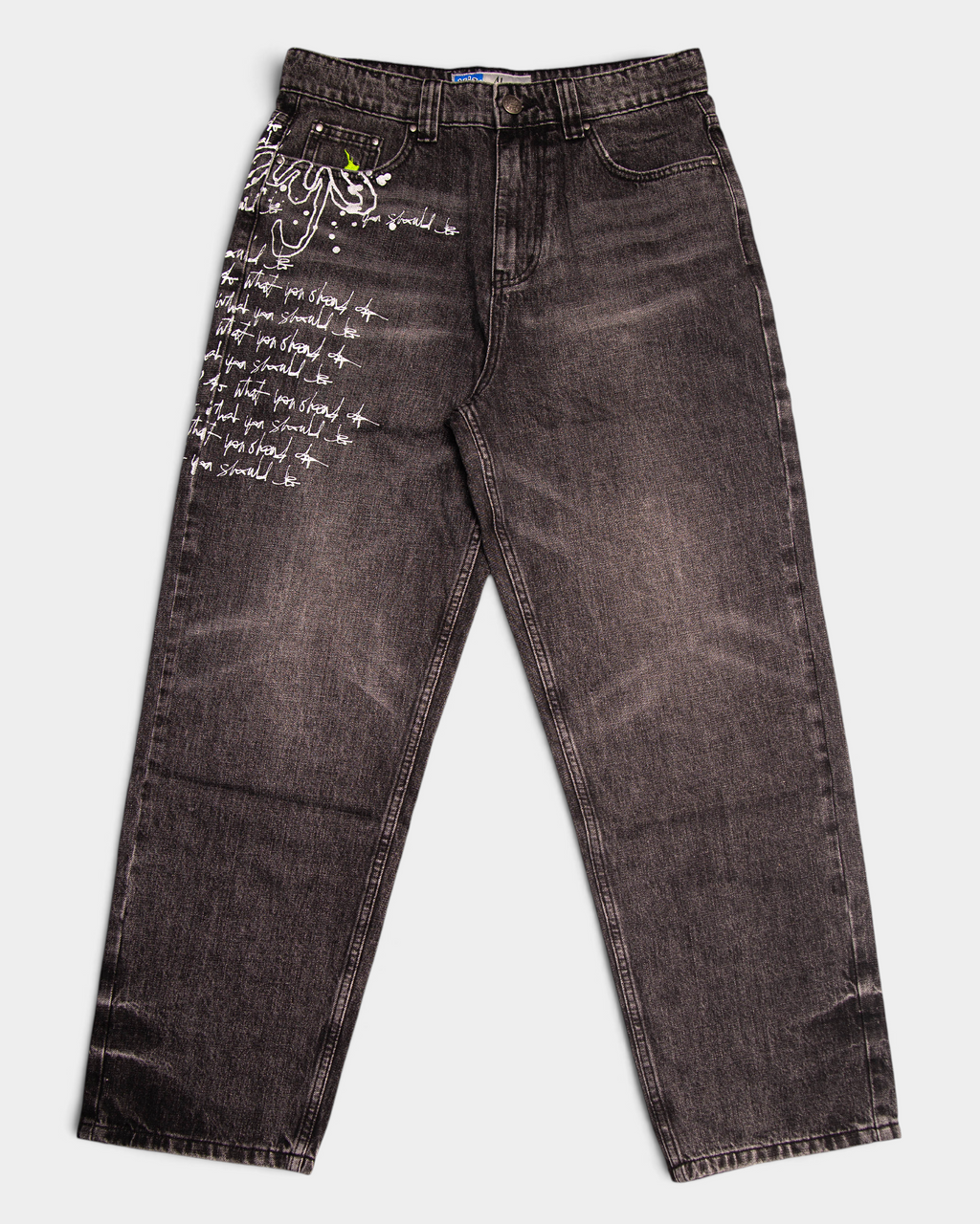 Lockwood Avenue ADWYSD Waza Jeans in Washed Black, front view of the wide leg jeans with white handwritten always do what you should do script down the left leg
