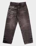 Lockwood Avenue ADWYSD Waza Jeans in Washed Black, front view of the wide leg jeans with white handwritten always do what you should do script down the left leg