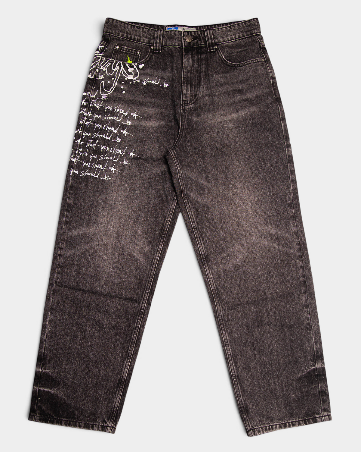 Lockwood Avenue ADWYSD Waza Jeans in Washed Black, front view of the wide leg jeans with white handwritten always do what you should do script down the left leg