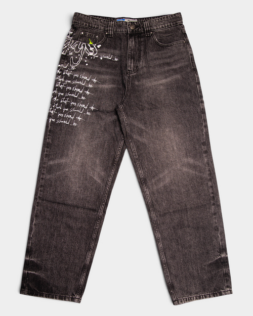 Lockwood Avenue ADWYSD Waza Jeans in Washed Black, front view of the wide leg jeans with white handwritten always do what you should do script down the left leg