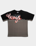 Lockwood Avenue ADWYSD Waza Panelled T-Shirt in Grey/Black, front view of the black top half and grey bottom half with a scribbled always print in white and red across the seam