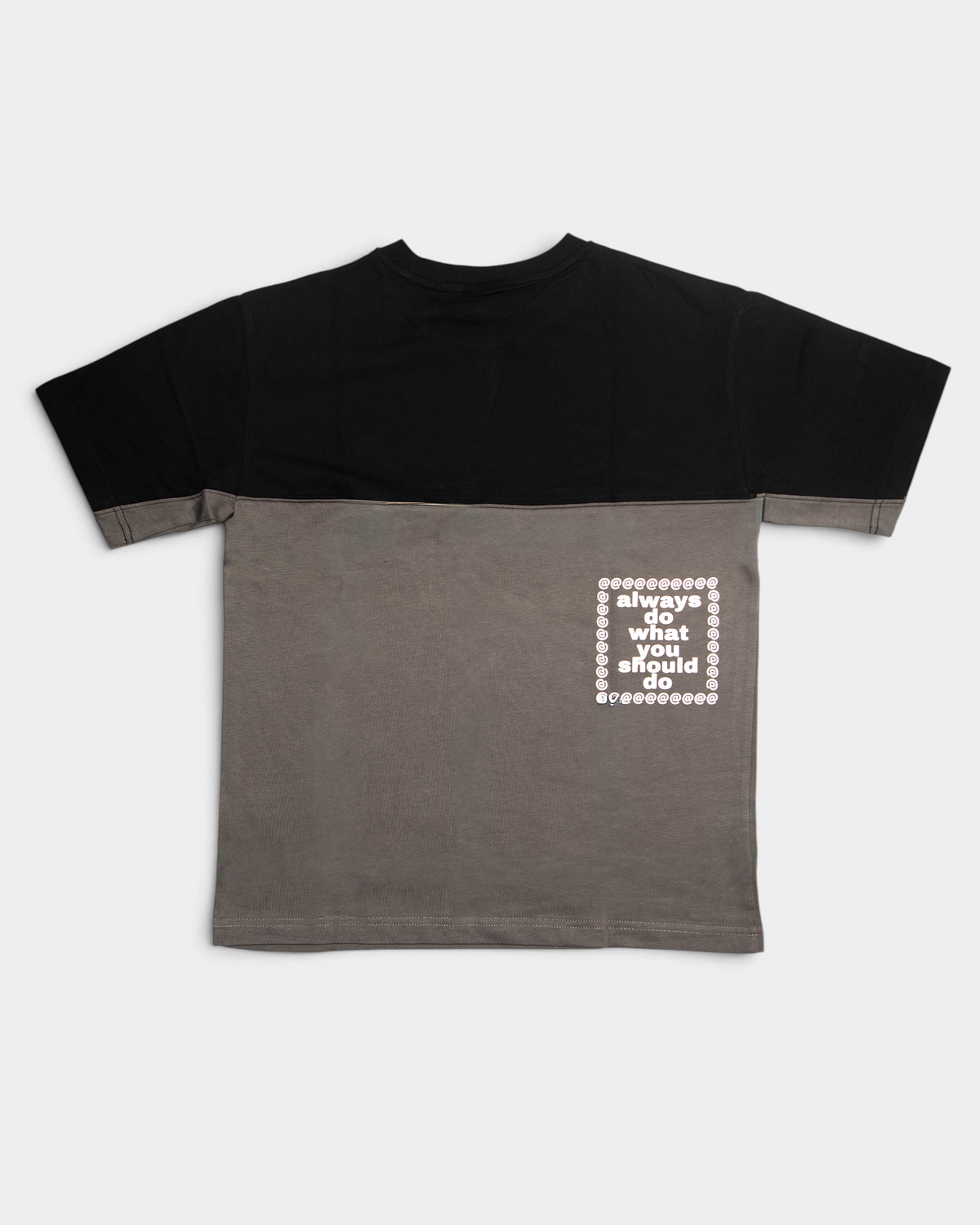 Lockwood Avenue ADWYSD Waza Panelled T-Shirt in Grey/Black seen from the back, a boxed always do what you should do print on the grey panel