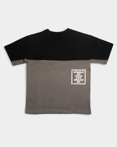 Lockwood Avenue ADWYSD Waza Panelled T-Shirt in Grey/Black seen from the back, a boxed always do what you should do print on the grey panel