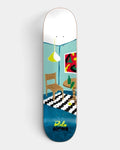 Almost Dilo Rooms Super Sap R7 Deck 8.125", an illustrated teal room with a wooden chair, round table, zigzag rug and yellow pendant lamp, blue stain at the tail
