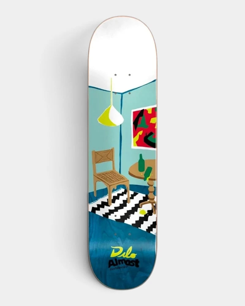 Almost Dilo Rooms Super Sap R7 Deck 8.125", an illustrated teal room with a wooden chair, round table, zigzag rug and yellow pendant lamp, blue stain at the tail