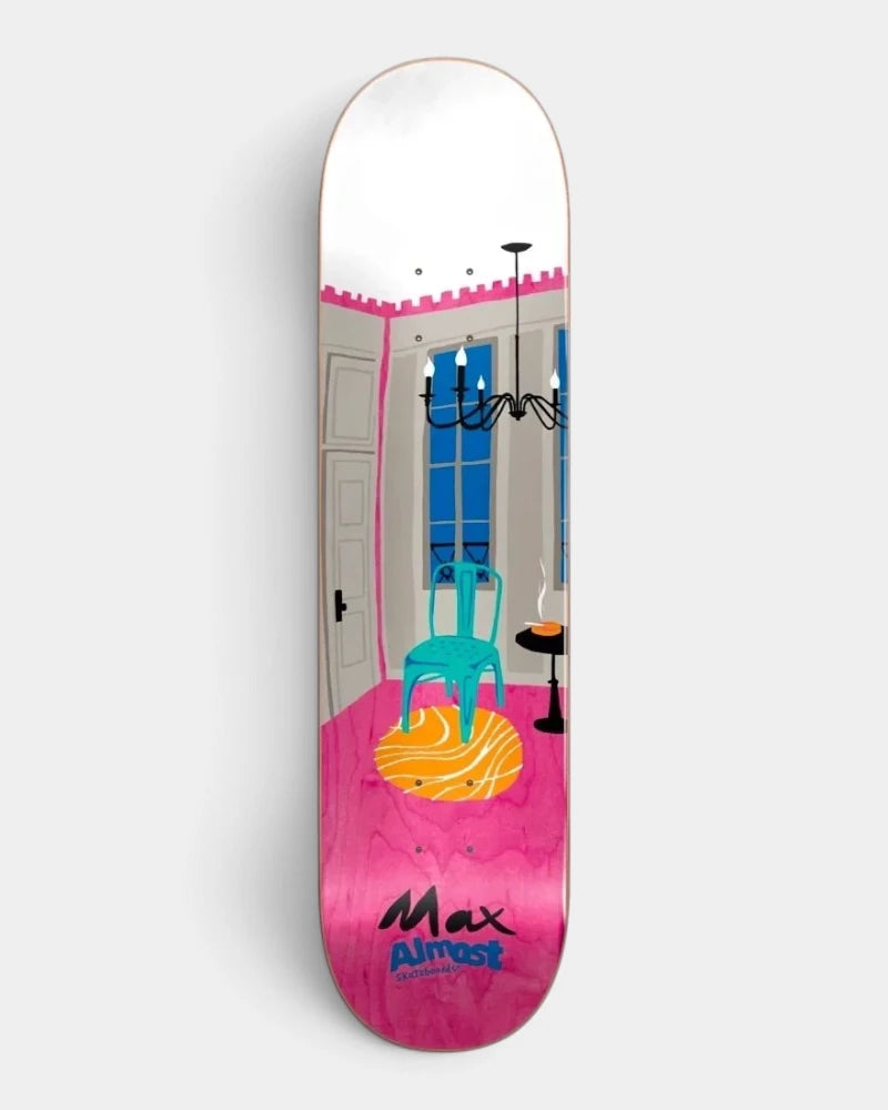 Almost Max Geronzi Rooms Super Sap R7 Deck 8.5", an illustrated grey room with tall windows, black chandelier and a teal chair on an orange rug, pink stain at the tail
