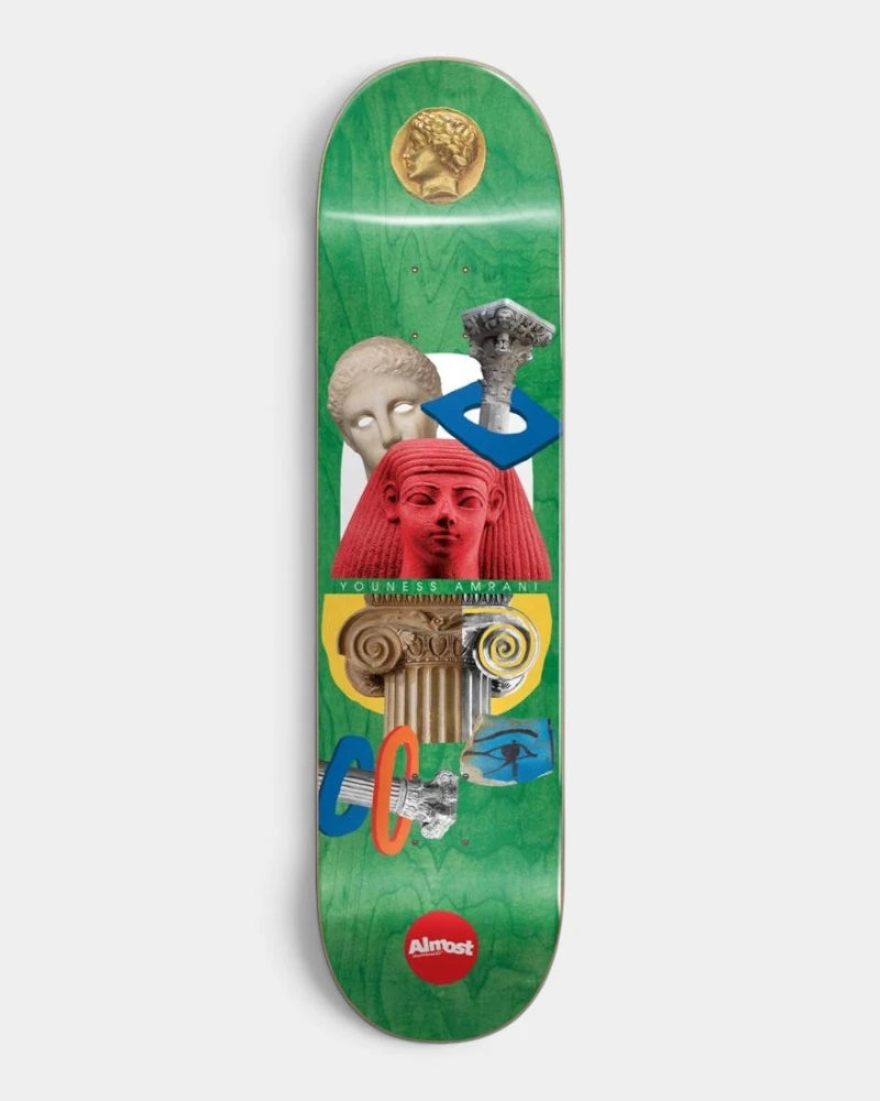 Almost Youness Relics R7 Deck 8.0", a collage of a gold coin, marble bust, red Egyptian head and Ionic columns on a green stain