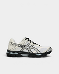 Asics GEL-Cumulus 16 Shoes in White/Cream, side profile: white mesh with glossy cream overlays, cream ASICS stripes outlined in black, black laces and a black midsole with clear GEL pods