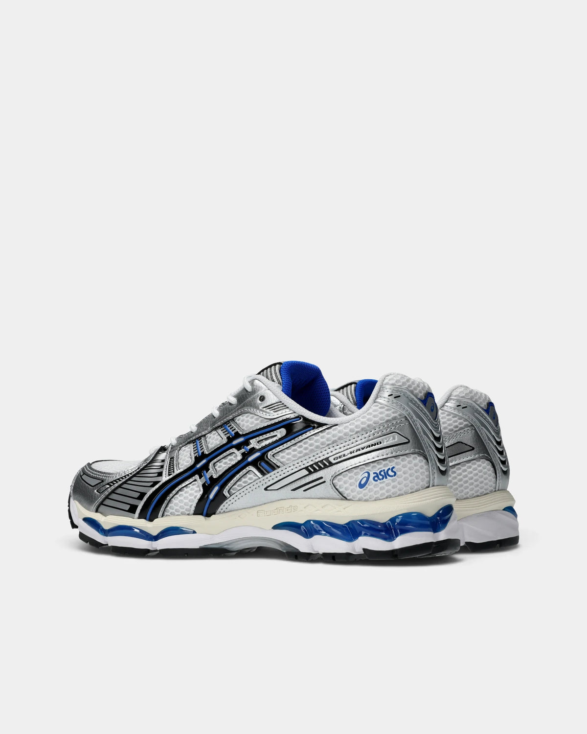 Asics GEL-Kayano 12.1 Shoes in White/Black, pair from the inner side: white mesh, silver overlays, black ASICS stripes piped in blue and a cream FLUIDRIDE midsole