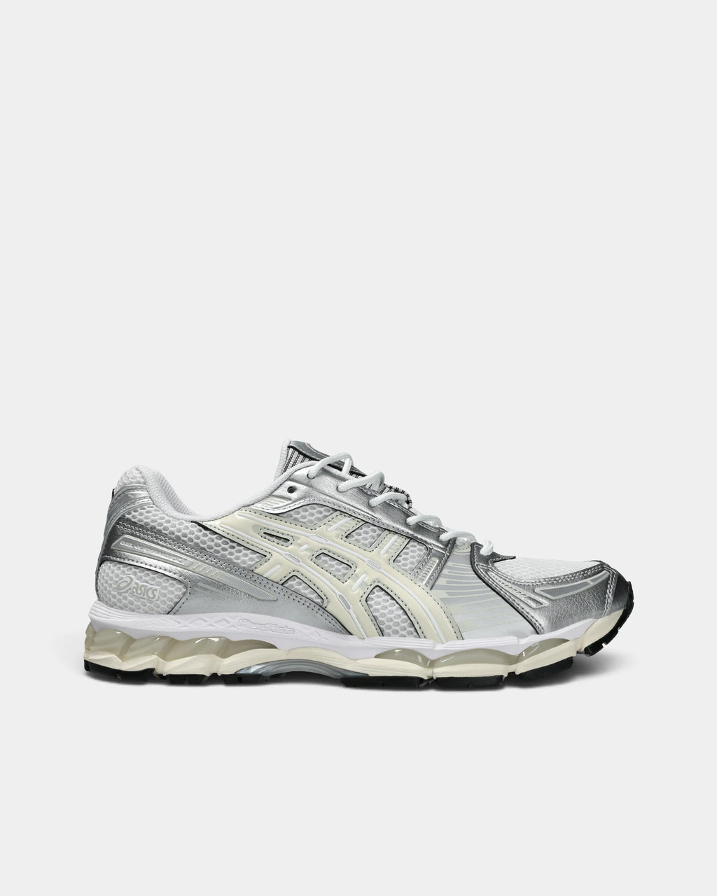 Asics GEL-Kayano 12.1 Shoes in White/Cream, side profile: white mesh under silver overlays, cream ASICS stripes and a cream midsole over a black outsole