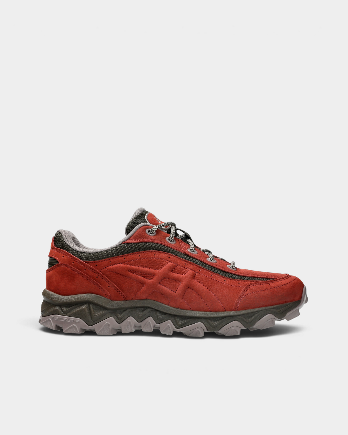 Asics GEL-Transcend FJ Shoes in Rusted Rock/Black Coffee, side profile: rust-red upper with tonal ASICS stripes, a dark brown collar panel, gray laces and a dark brown midsole over a pale gray lugged outsole