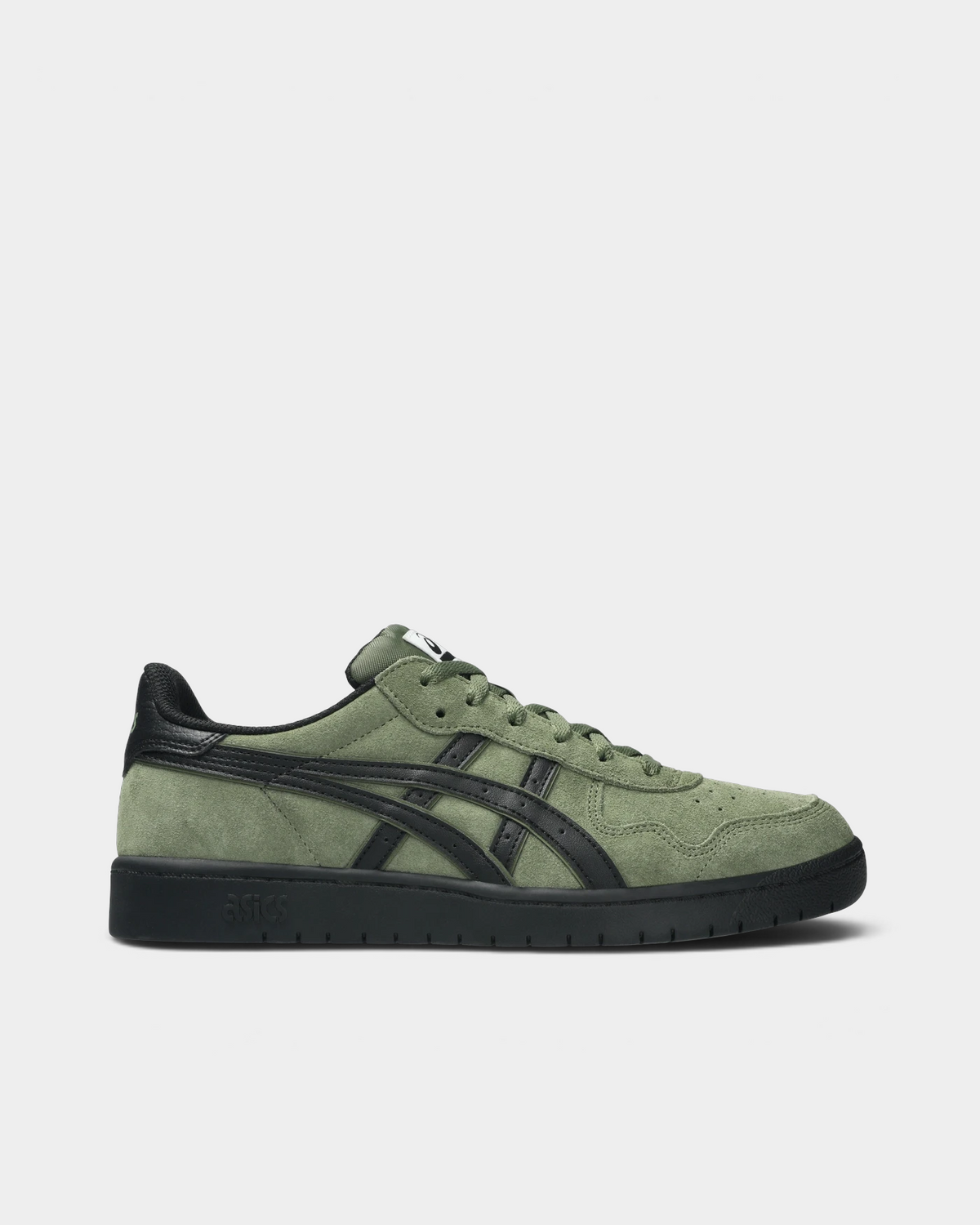 Asics Skateboarding Japan Pro Shoes in Moss/Black, side profile: moss-green suede panels with black overlays and stripes, a black heel counter and a black sole with an ASICS logo