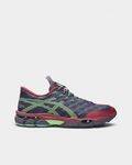 Asics US8-S GEL-SJ33 Shoes in Deep Plum/Fresh Grass, side profile: a dark upper with a navy plaid weave and lime-green stripes, burgundy toe cap and collar, and a burgundy midsole with a lime GEL window