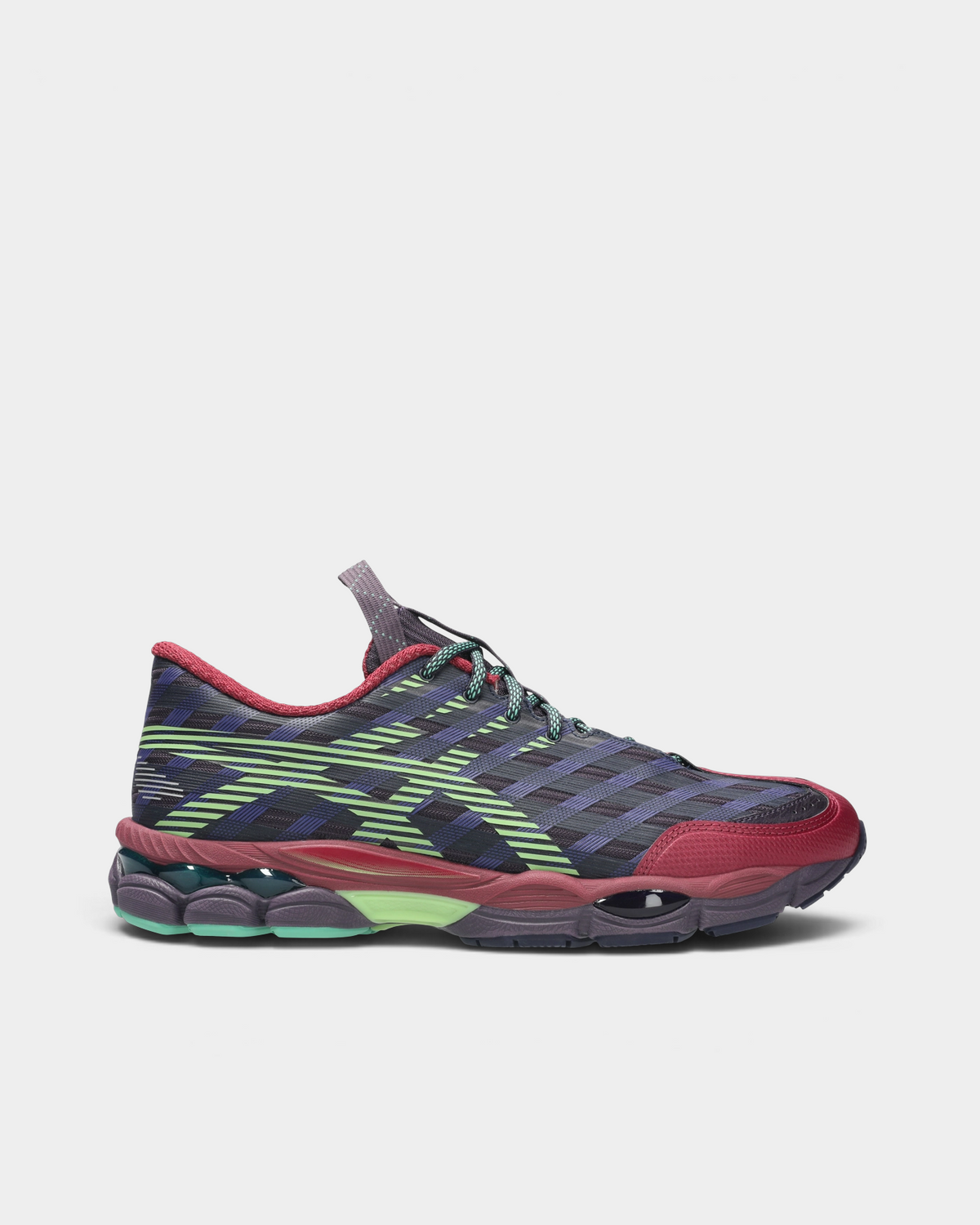 Asics US8-S GEL-SJ33 Shoes in Deep Plum/Fresh Grass, side profile: a dark upper with a navy plaid weave and lime-green stripes, burgundy toe cap and collar, and a burgundy midsole with a lime GEL window