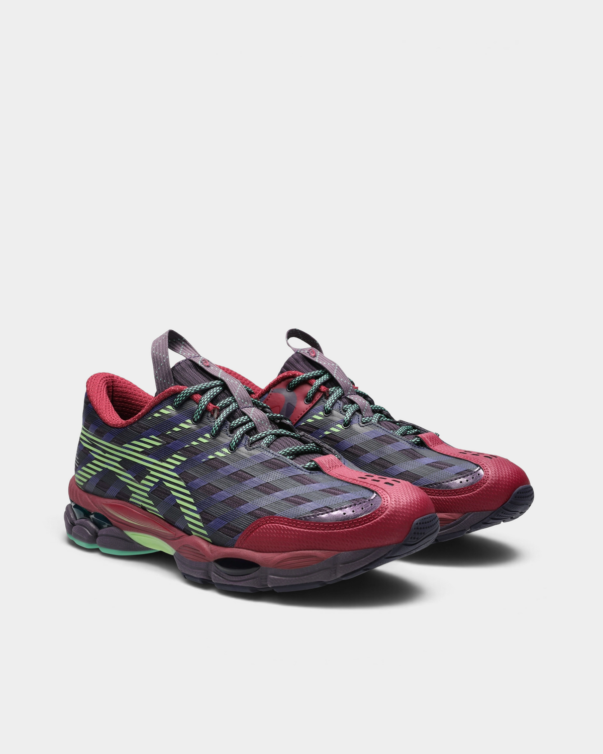 Asics US8-S GEL-SJ33 Shoes in Deep Plum/Fresh Grass, pair at a three-quarter front angle showing the burgundy toe cap, lime-green stripes over the plaid upper and teal-green laces