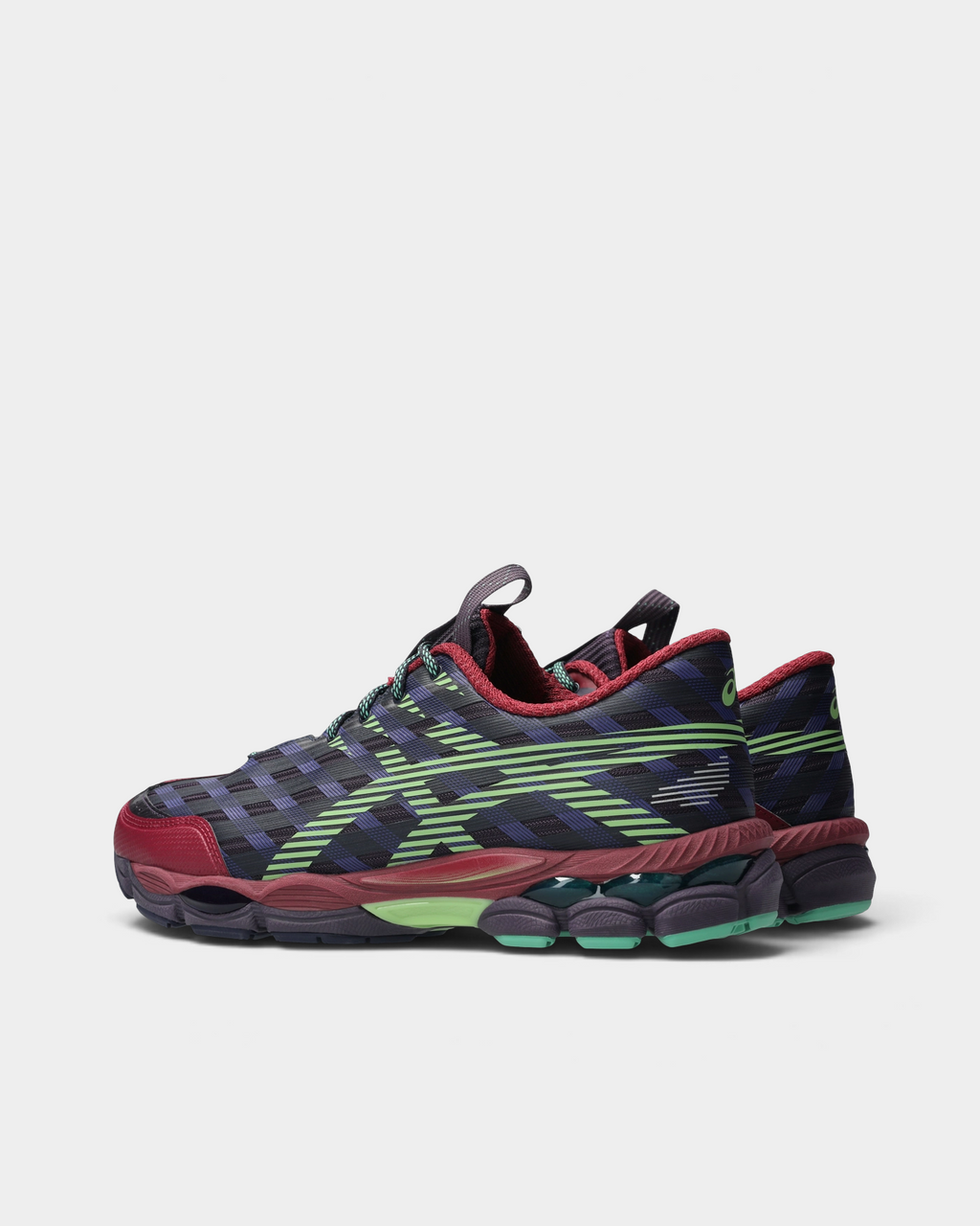 Asics US8-S GEL-SJ33 Shoes in Deep Plum/Fresh Grass, pair from the inner side: lime-green stripes across the plaid upper, a burgundy midsole and a mint-green outsole edge