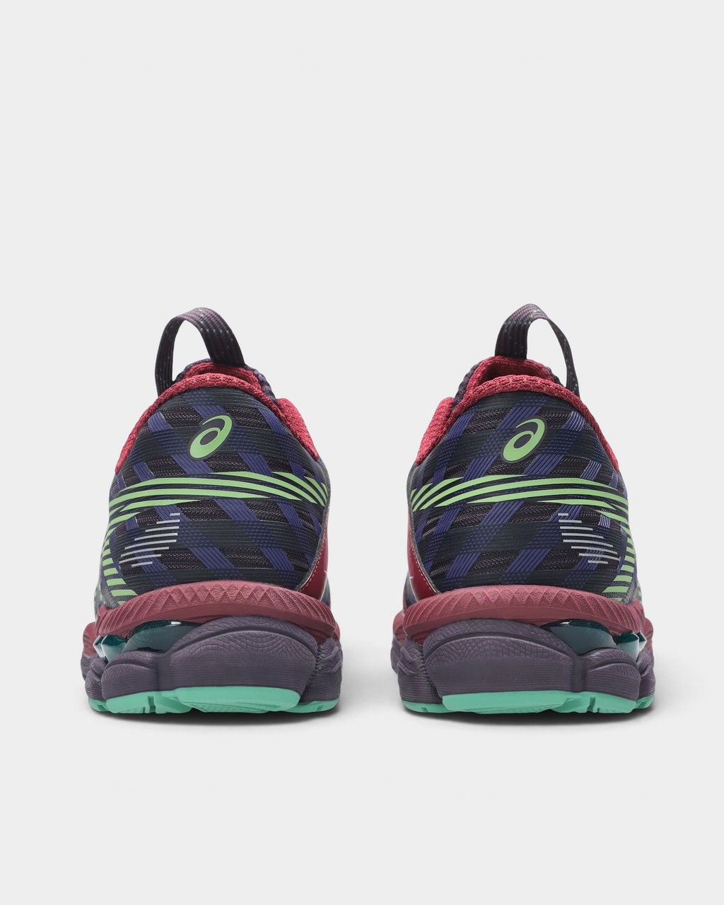 Asics US8-S GEL-SJ33 Shoes in Deep Plum/Fresh Grass, pair from behind: a lime-green ASICS logo and stripes on the plaid heel, a burgundy heel counter and a mint-green outsole