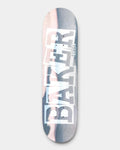 Lockwood Avenue Baker JF Ribbon Time Flies 8.5 inch skateboard deck with a large white Baker logo over a blurred gray and pink photo