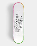 Baker Rowan Zorilla Daydreams Deck 8.125", a black line drawing of a burger on a stick, stacked faces, a hand with a top hat and a globe on white, rainbow-dyed edges