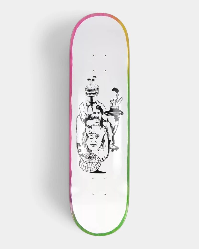 Baker Rowan Zorilla Daydreams Deck 8.125", a black line drawing of a burger on a stick, stacked faces, a hand with a top hat and a globe on white, rainbow-dyed edges