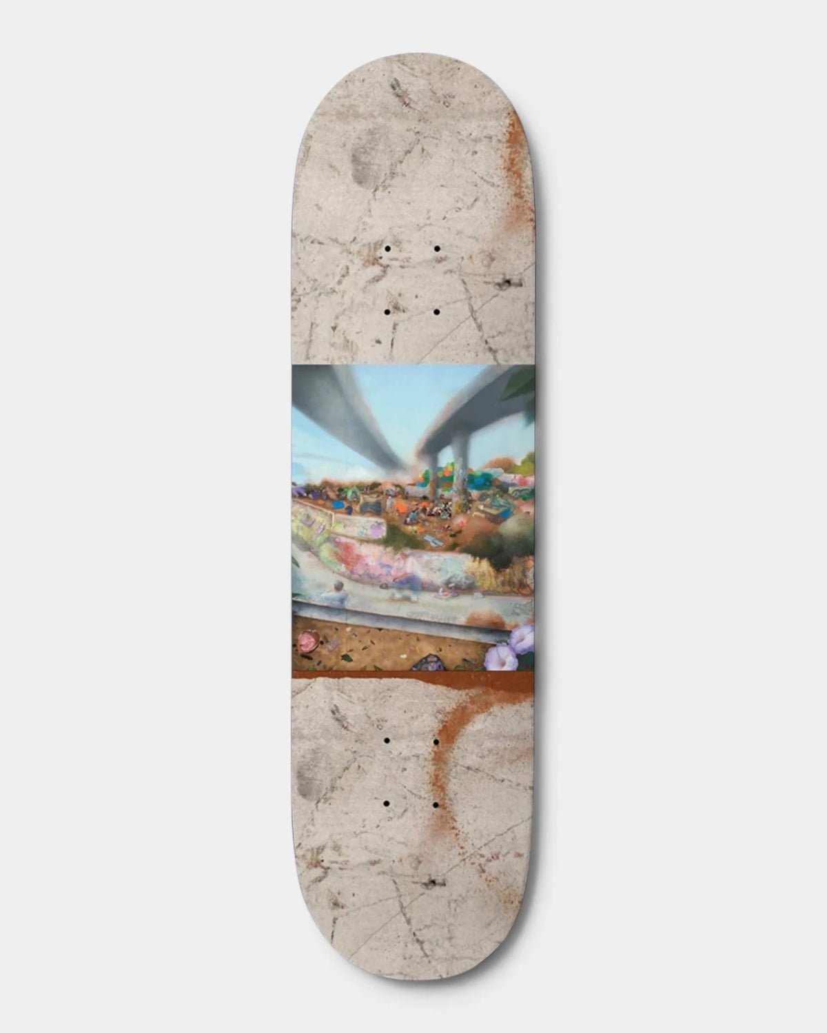 Baker Tristan Funkhouser Wasteland Paradise Deck 8.25", a photo of a highway overpass above a graffiti-covered bank with wildflowers on a cracked concrete-look board